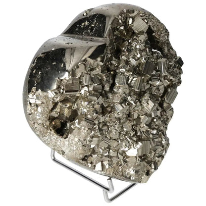 Heart-shaped polished pyrite sculpture showcasing golden luster, designed to elevate space with radiant energy and grounding power.
