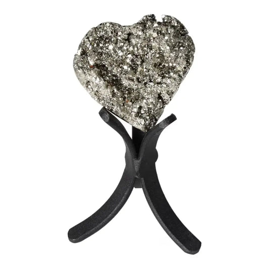 Polished pyrite heart sculpture on stand, showcasing golden luster and grounding energy for space elevation and design elegance.