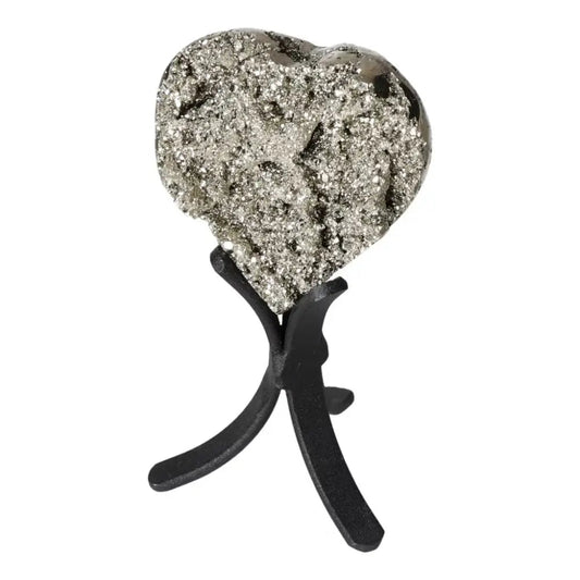 Polished pyrite heart on display stand showcasing radiant golden luster and grounding energy for home decor.