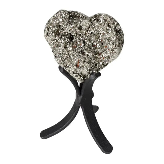 Heart-shaped pyrite stone on a black stand, showcasing its sparkling golden luster and grounding energy, perfect for enhancing space.