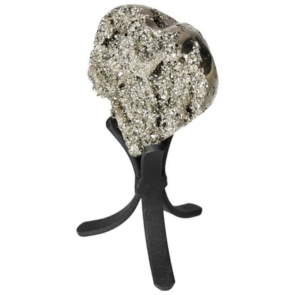 Polished pyrite heart shape with golden luster on a black stand, showcasing radiant energy and grounding power.