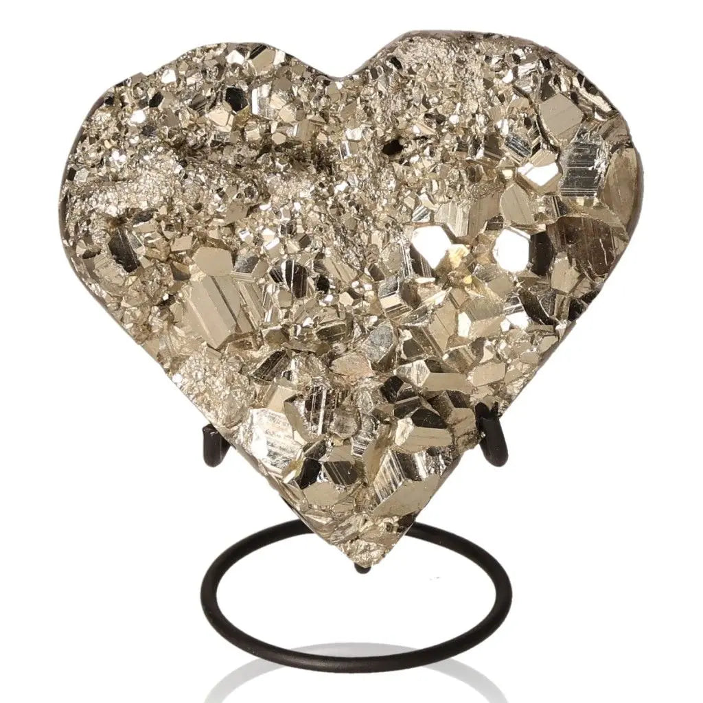 Heart-shaped Pyrite mineral on a stand, showcasing a radiant golden hue and metallic luster, symbolizing abundance and prosperity.