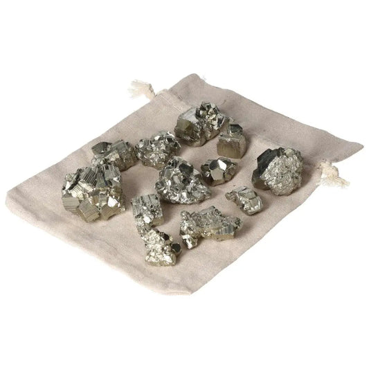 Natural pyrite clusters showcasing metallic luster and geometric formations on a drawstring bag, 15 pieces, 1 KG total weight.