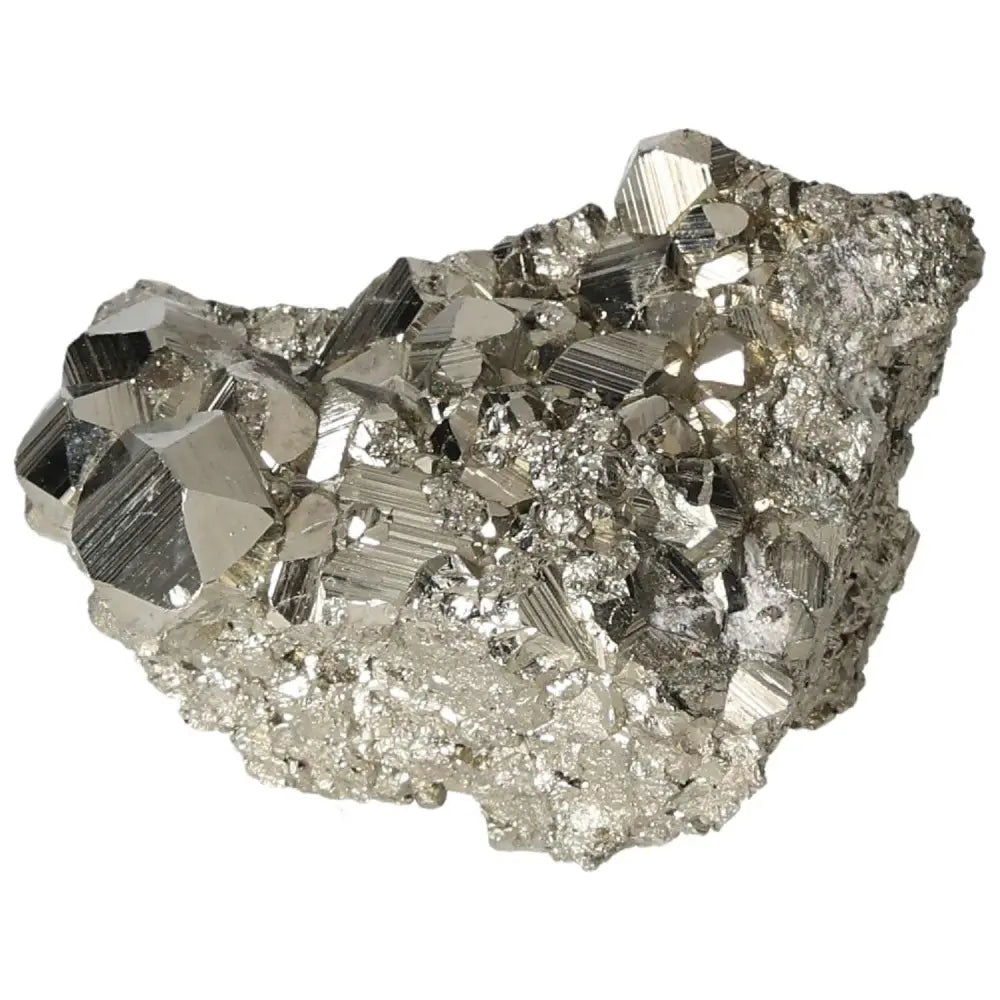 Superior quality pyrite cluster displaying natural cubic formations and metallic luster.