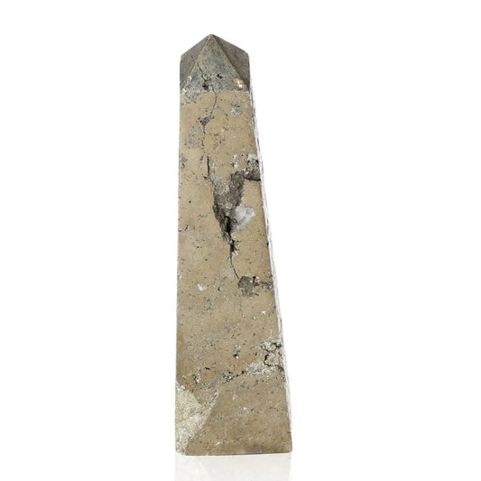 Pyrite obelisk with golden hue and metallic luster, known as 'Fool's Gold,' symbolizes abundance and prosperity in minerals.