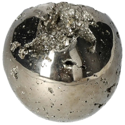 Polished 10 cm pyrite sphere showcasing golden luster and grounding energy, perfect for enhancing space and adding elegance.