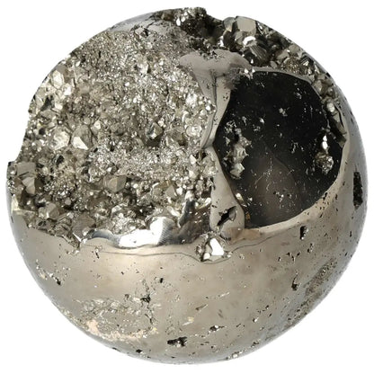Polished 10 cm Pyrite Sphere with golden luster, showcasing radiant energy and grounding power for home and spiritual decor.