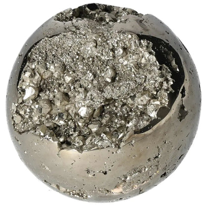 Polished pyrite sphere showcasing natural golden luster, perfect for enhancing energy and space with its radiant beauty.