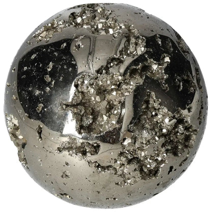 Polished 16 cm pyrite sphere showcasing golden luster and grounding energy, ideal for enhancing space with its magnetic beauty.
