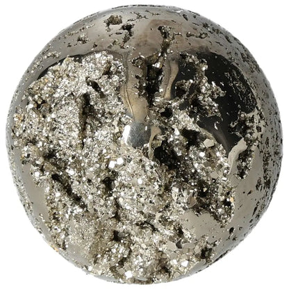 Polished 7 cm pyrite sphere showcasing golden luster and grounding energy, perfect for enhancing space ambiance and energetic balance.