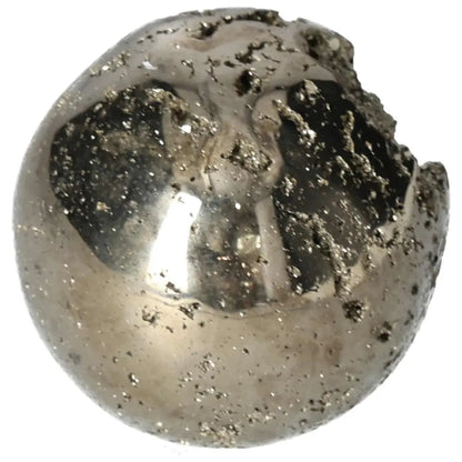 Polished 7 cm pyrite sphere with golden luster, showcasing its radiant energy and grounding power, expertly carved for elegance.