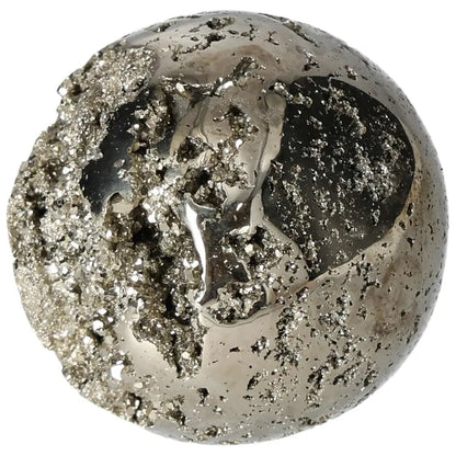 Polished Pyrite Sphere 7 cm with golden luster, highlighting grounding energy and elegant design.