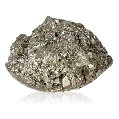 Close-up of pyrite mineral showcasing its golden hue and metallic luster, often called 'Fool's Gold.'
