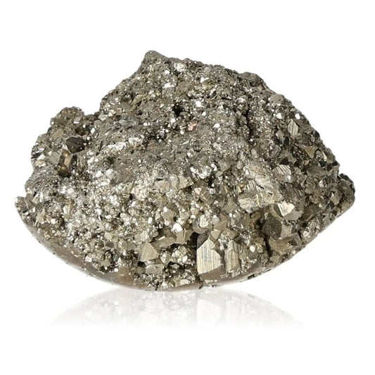 Close-up of pyrite mineral showcasing its golden hue and metallic luster, often called 'Fool's Gold.'