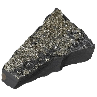 Glittering Pyrite With Basalt stone, fostering creativity and grounding energy, available at Sylvia Crystals. Enhance independence.