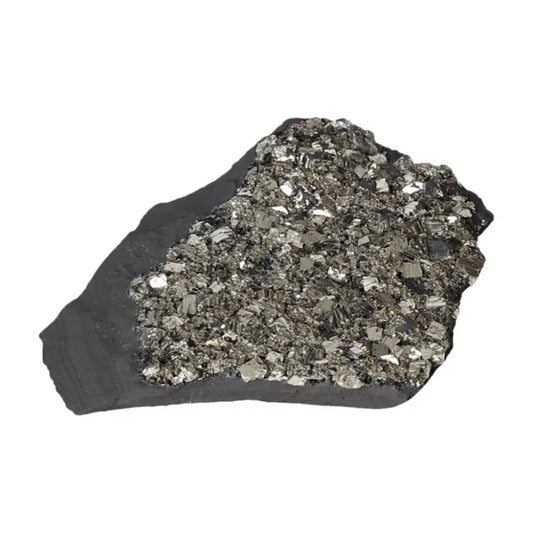 Pyrite with Basalt crystal from Sylvia Crystals, showcasing a sparkling texture ideal for energy synergy and success boosting.