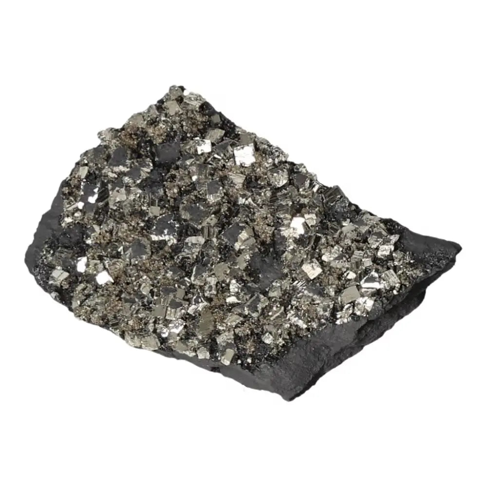 Shimmering pyrite crystal embedded in dark basalt rock by Sylvia Crystals, symbolizing transformation and personal growth.