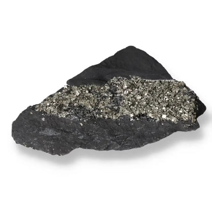 Pyrite with Basalt crystal from Sylvia Crystals, showcasing its lustrous metallic and stone textures for creativity and growth.