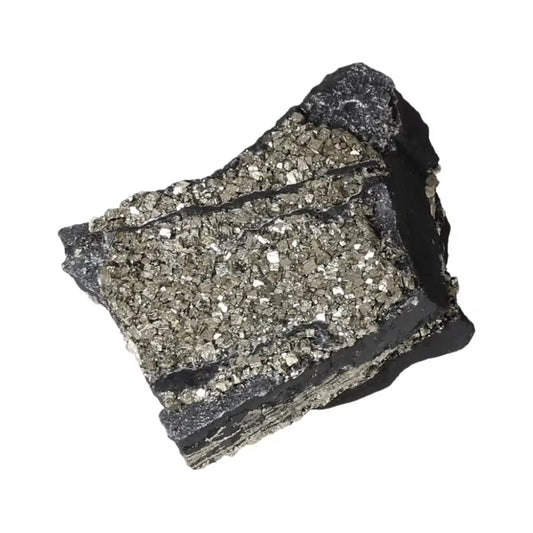 Pyrite with basalt crystal displaying metallic luster, symbolizing luxury and elegance by Sylvia Crystals.