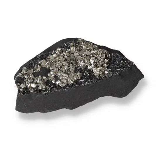 Pyrite with Basalt crystal from Sylvia Crystals, showcasing its metallic luster on a dark stone, ideal for energy boosting and clarity.