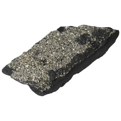 Close-up of Pyrite With Basalt crystal, showcasing shimmering gold tones and textured black surface from Sylvia Crystals.