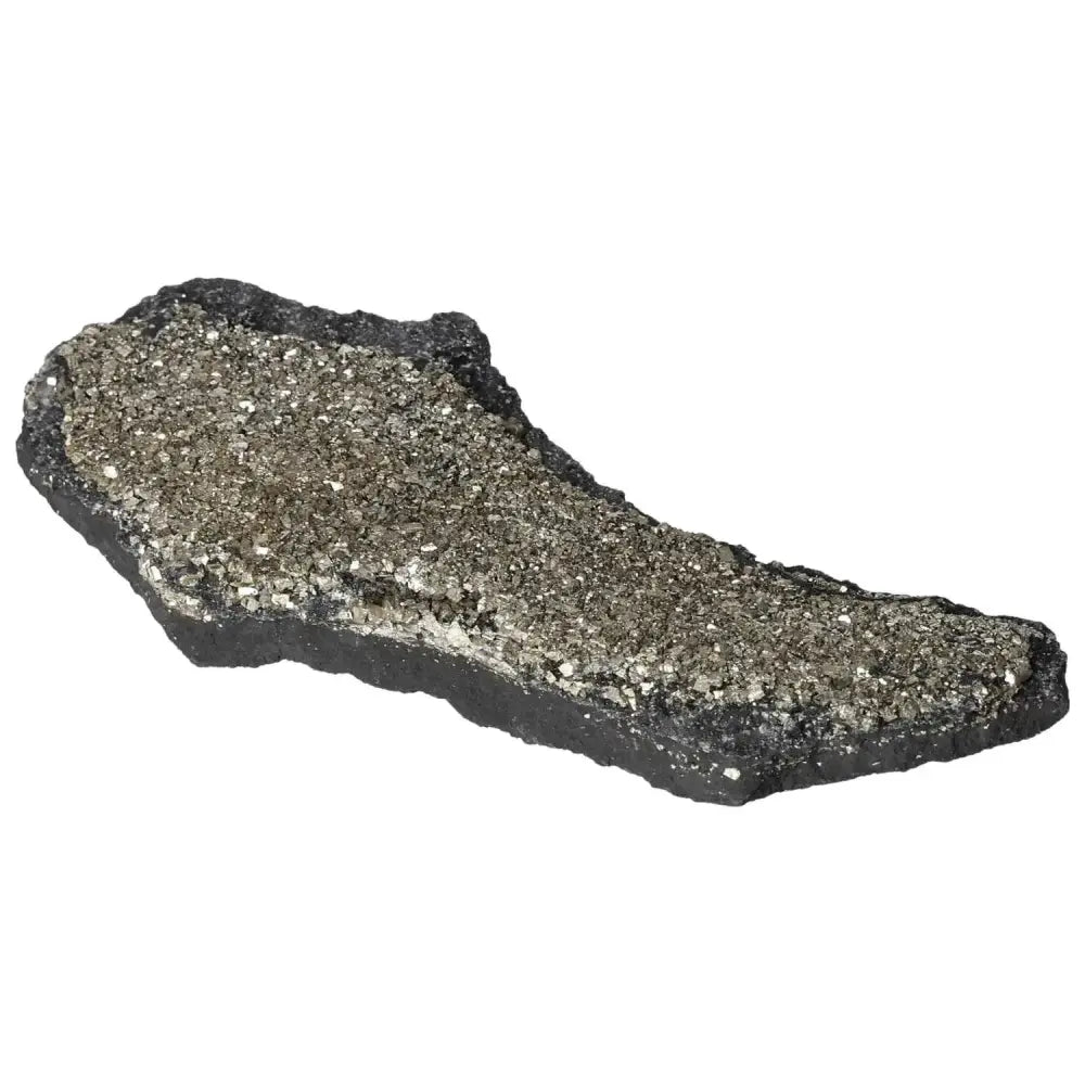 Sparkling Pyrite With Basalt crystal from Sylvia Crystals, showcasing metallic shimmer and dark grounding base.