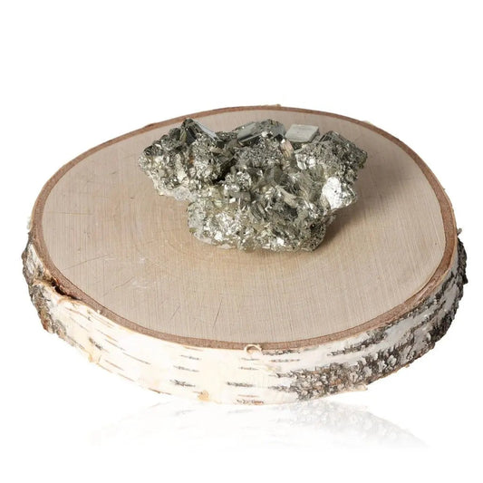 Pyrite druze crystal with golden hue on wooden base, known for prosperity and wealth attraction.