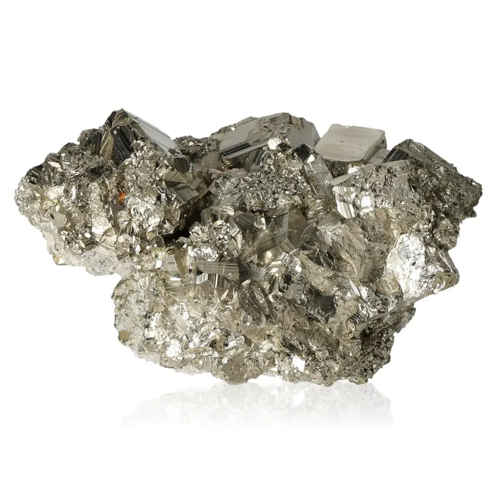 Cluster of shiny pyrite druzes, known as 'Fool's Gold,' displaying a radiant golden hue and metallic luster. Symbolizes abundance and prosperity.