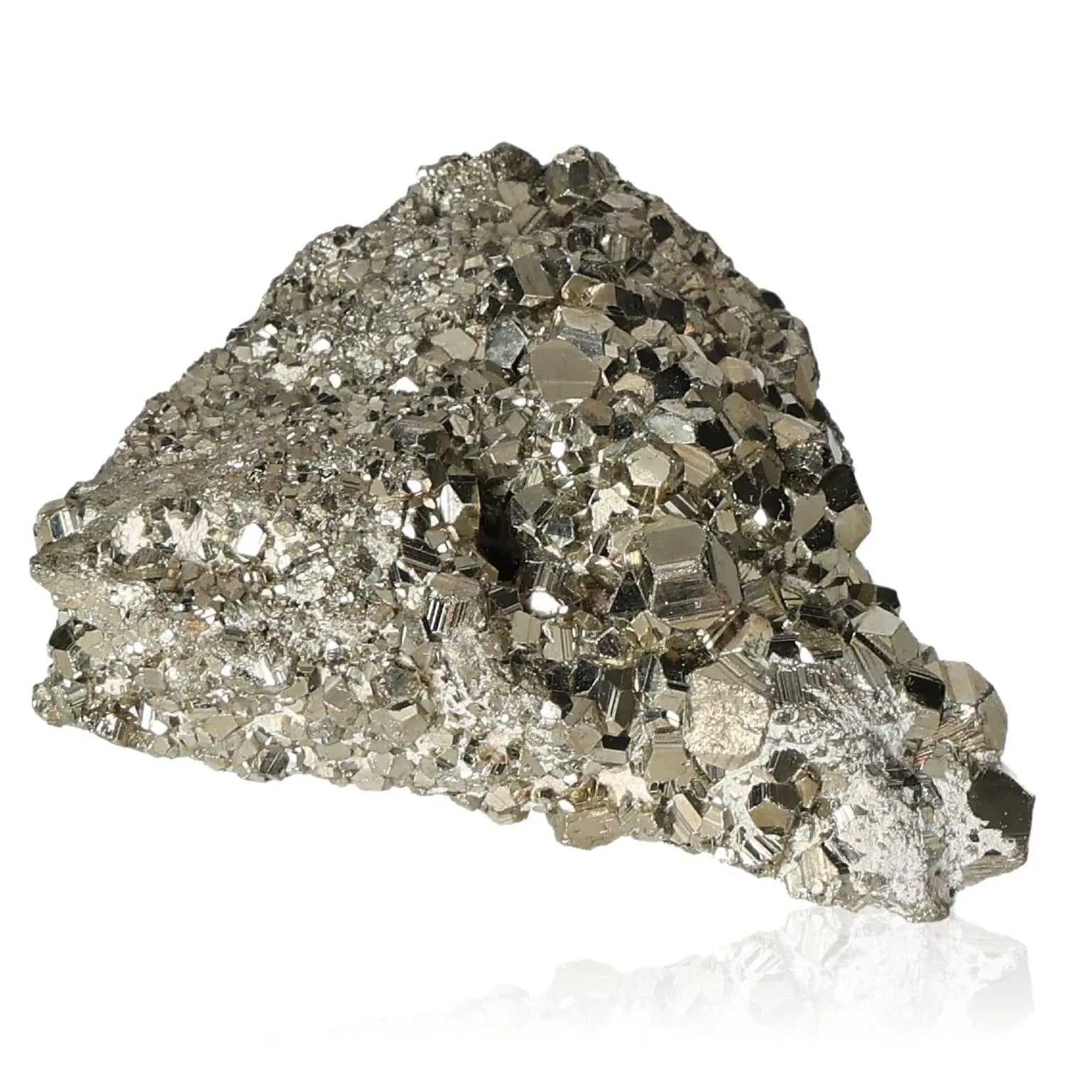 Radiant golden pyrite druze with metallic luster, resembling gold, known for attracting wealth and success, often called 'Fool's Gold'.