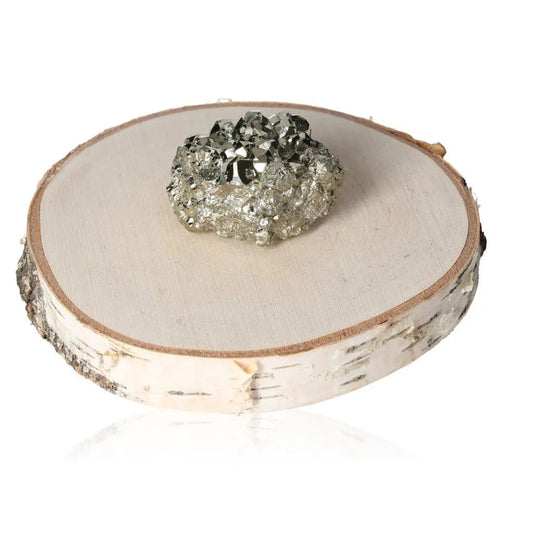 Pyrite druzy on wooden base, showcasing its golden hue and metallic luster, known as Fool's Gold for wealth and prosperity.