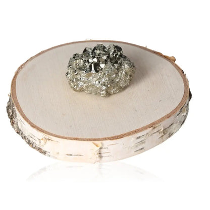 Pyrite druze on a wooden base showcasing its brilliant metallic luster, known as "Fool's Gold," symbolizing abundance and prosperity.