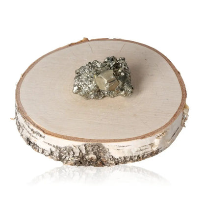 Pyrite druzy stone with a radiant metallic luster displayed on a natural birch wood slice.