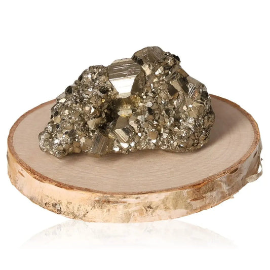 Pyrite druze with metallic luster on wooden base, symbolizing abundance and prosperity