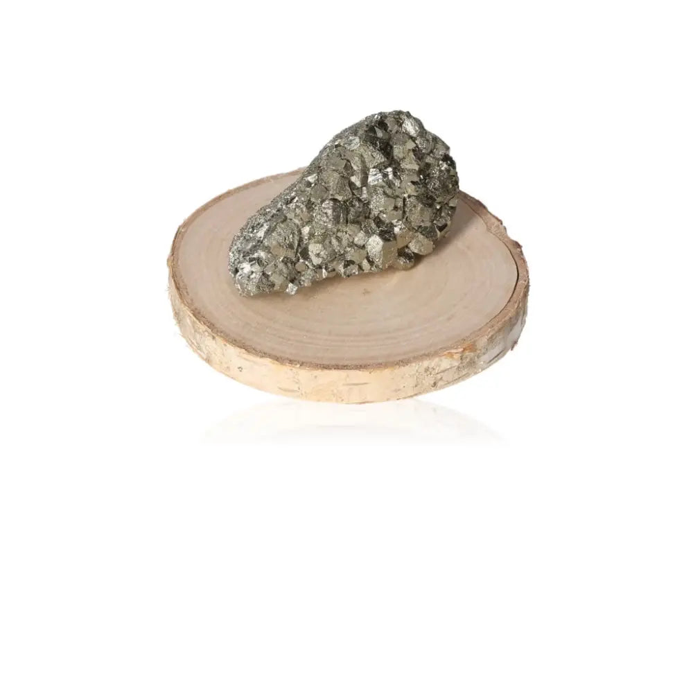 Pyrite druzy on wood base, showcasing golden metallic luster, symbolizing abundance and prosperity.
