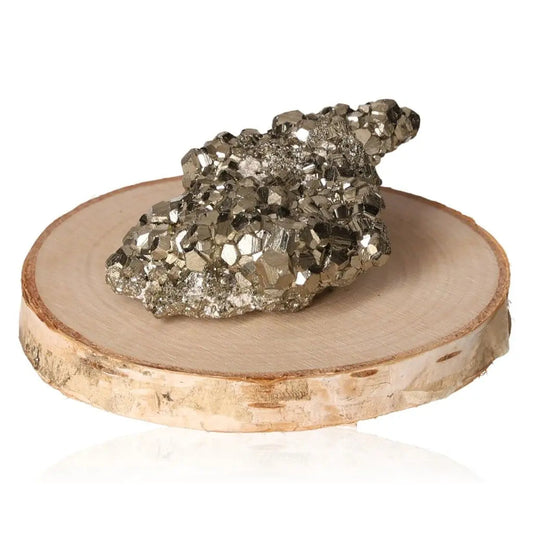 Pyrite druze on a wooden stand, displaying its shimmering metallic luster, often called Fool's Gold for its resemblance to gold.