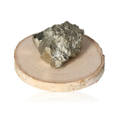 Pyrite druze crystal with golden hue on wooden display, symbolizing prosperity and abundance.