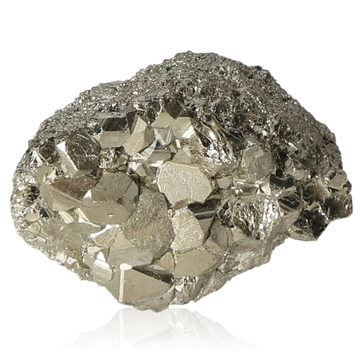 Close-up of a pyrite druze showcasing its golden hue and metallic luster, symbolizing wealth and prosperity. Known as Fool's Gold.