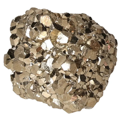 Close-up of a sparkling pyrite druze with a golden hue, resembling gold, known for attracting wealth and prosperity. Fool's Gold.