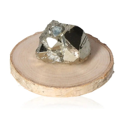 Pyrite druzy on wooden display, showcasing metallic luster and golden hue, symbolizing abundance and prosperity.