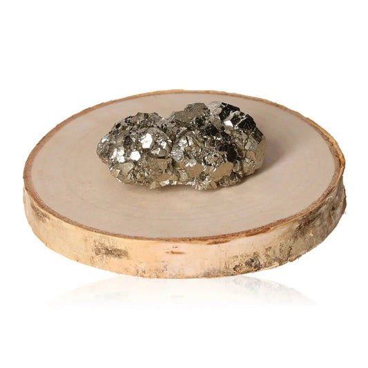 Pyrite druze with golden metallic luster displayed on wooden stand, symbolizing abundance and prosperity in mineral collections.
