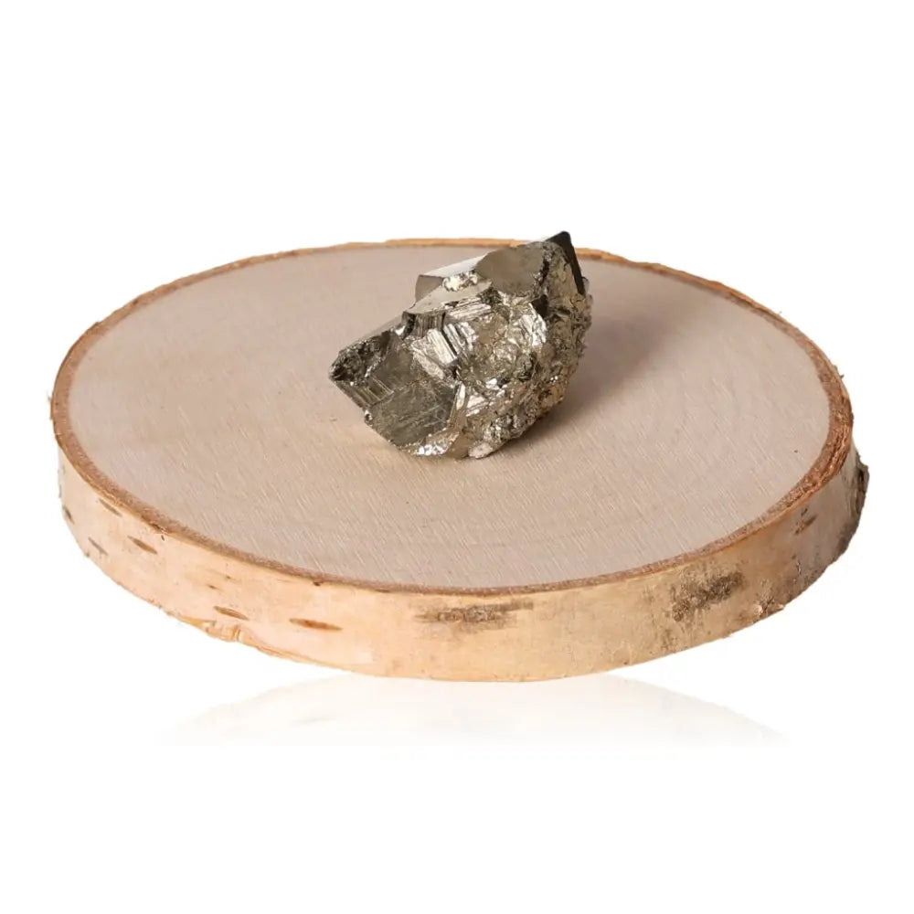 Shimmering pyrite druzy on a wooden base, showcasing its golden hue and metallic luster. Ideal decorative piece for wealth attraction.