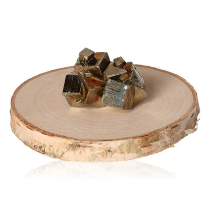 Pyrite druze cluster on wooden base, showcasing golden metallic luster, symbolizing abundance and prosperity.
