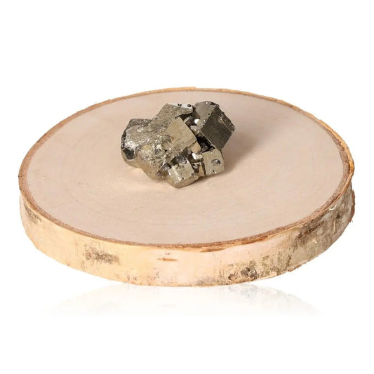 Pyrite crystal cluster on wooden base, showcasing its golden hue and metallic luster, symbolizing abundance and prosperity.