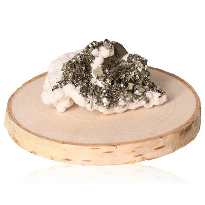 Close-up of shining pyrite druzy crystal resembling "Fool's Gold," showcasing its golden hue and metallic luster on a wooden base.