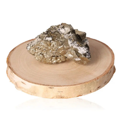 Pyrite druze with metallic luster on wooden base, known for its striking resemblance to gold and abundance-attracting properties.