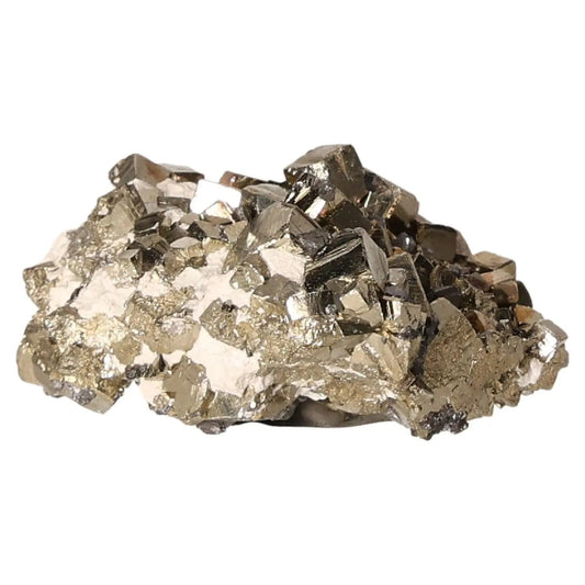 Pyrite druzy crystal with metallic luster, resembling gold, known as 'Fool's Gold', symbolizing wealth and prosperity.