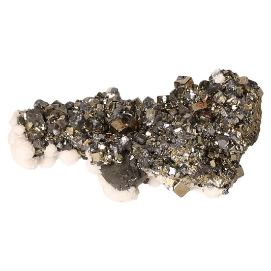 Pyrite druzy stone showcasing its golden hue and metallic luster, known as "Fool's Gold," symbolizing abundance and prosperity.