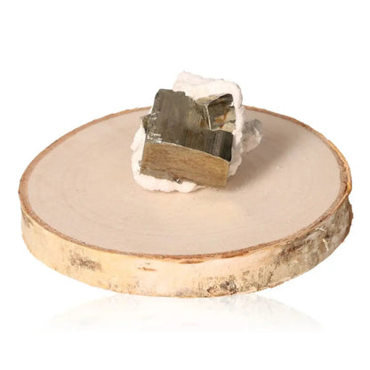 Pyrite druze mineral on wooden display, showcasing its radiant golden hue and metallic luster; known as "Fool's Gold" for wealth attraction.
