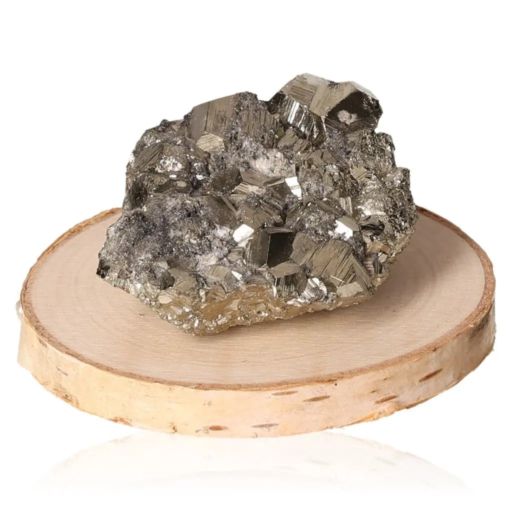 Pyrite druzy crystal with golden hue on wooden base, known as "Fool's Gold," symbolizing abundance and prosperity.