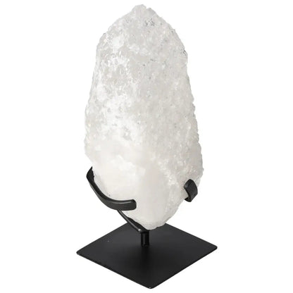 Quartz Crystal Bubble on black stand, premium decorative piece by Sylvia Crystals, known for emotional healing and mental clarity benefits.